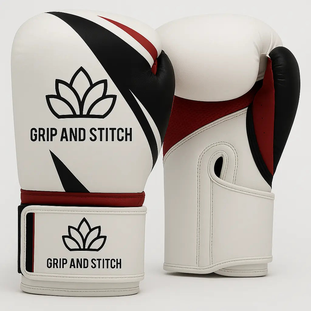 Elite Boxing Gloves | White-Red-Black Minimalist Design | Premium Sparring & Training Gloves for Boxing, Kickboxing, MMA & Fitness | Wrist Support & Breathable Padding - GRIP AND STITCH