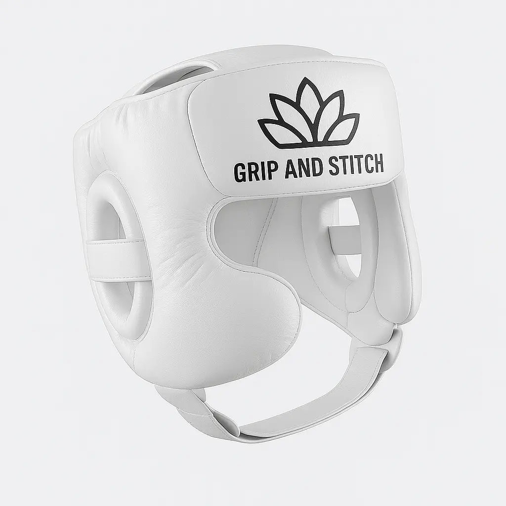 Premium White Boxing Head Guard – Lightweight, Full Face Protection - GRIP AND STITCH