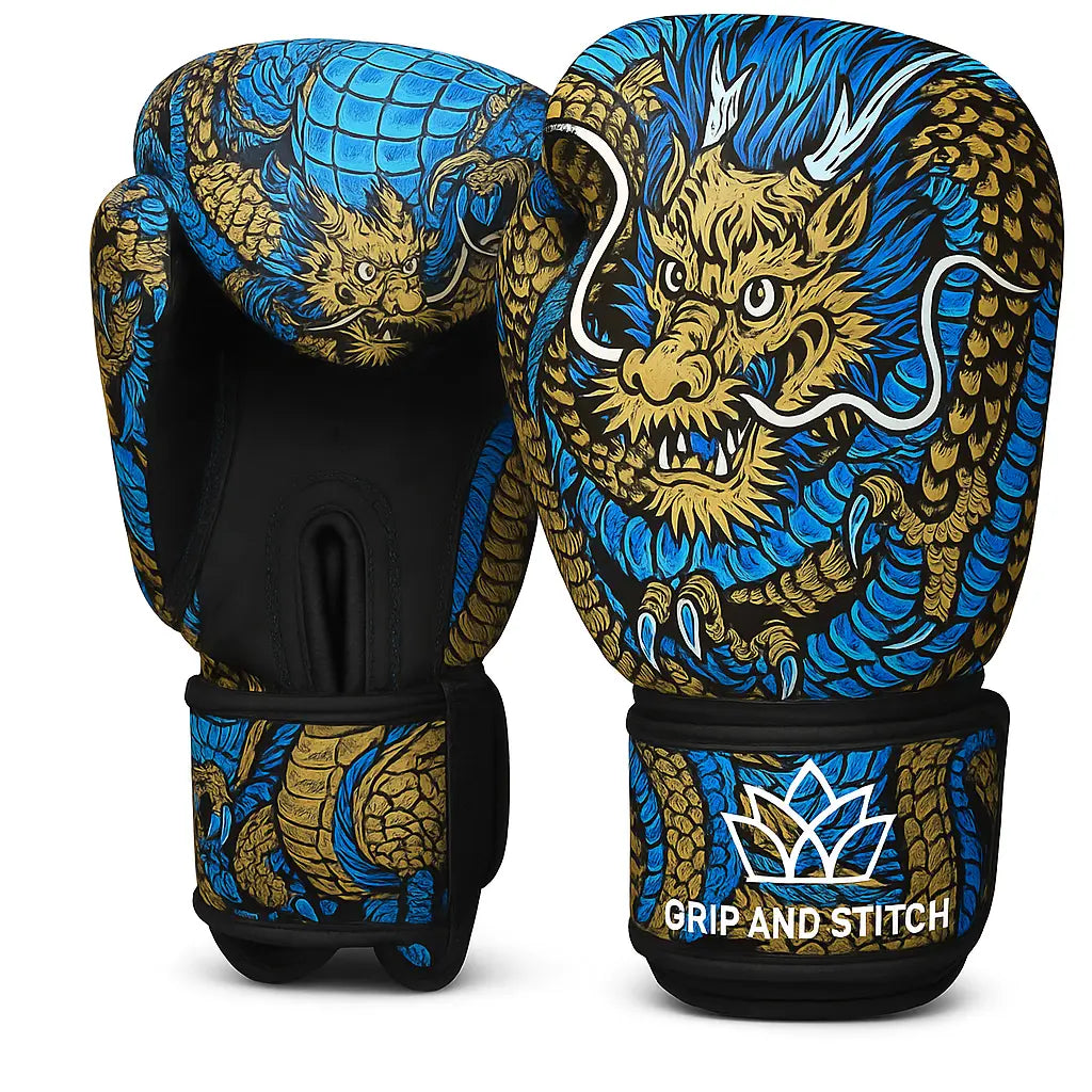 Dragon Boxing Gloves | Artistic Blue & Gold Design | Premium Leather Sparring, Kickboxing & Muay Thai Training Gloves | Wrist Support | Breathable & Durable - GRIP AND STITCH