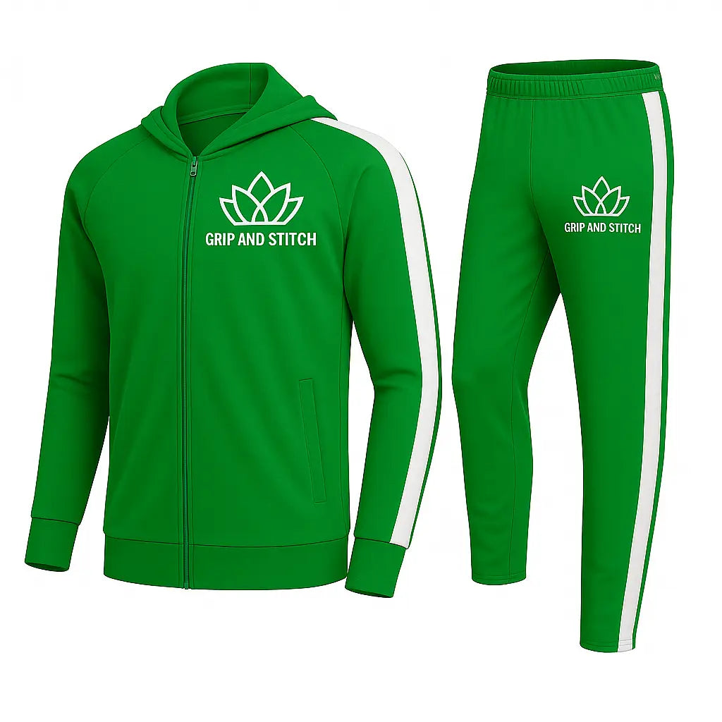 Classic Green Tracksuit with White Sleeve Stripes – Unisex Activewear Set - GRIP AND STITCH