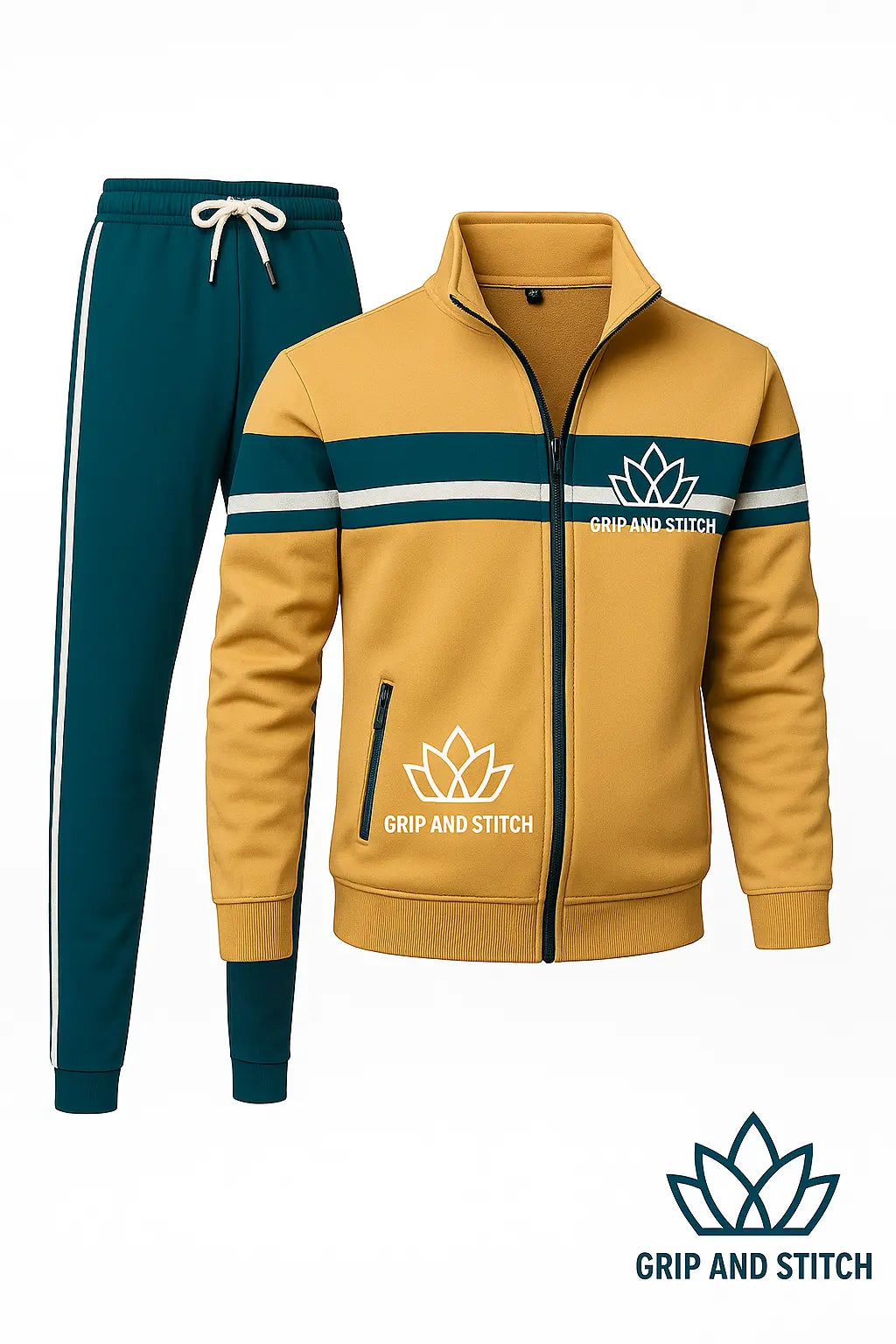 Retro Style Mustard & Teal Track Suit with Stripe Detail – Unisex Sportswear Set - GRIP AND STITCH